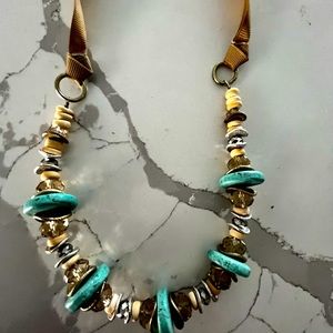 Beautiful necklace, ties with ribbon, turquoise colors, chunky